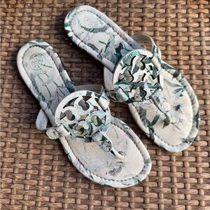 Tory Burch Tri Color Floral Printed Leather Miller Sandals
